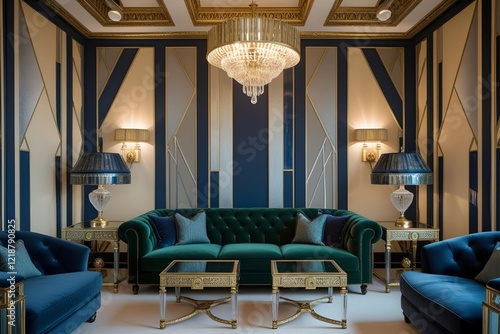 an art deco-inspired lounge with bold geometric patterns on the wallpaper, a velvet sofa in deep emerald green, gold and glass furniture, and statement lighting with a vintage touch photo