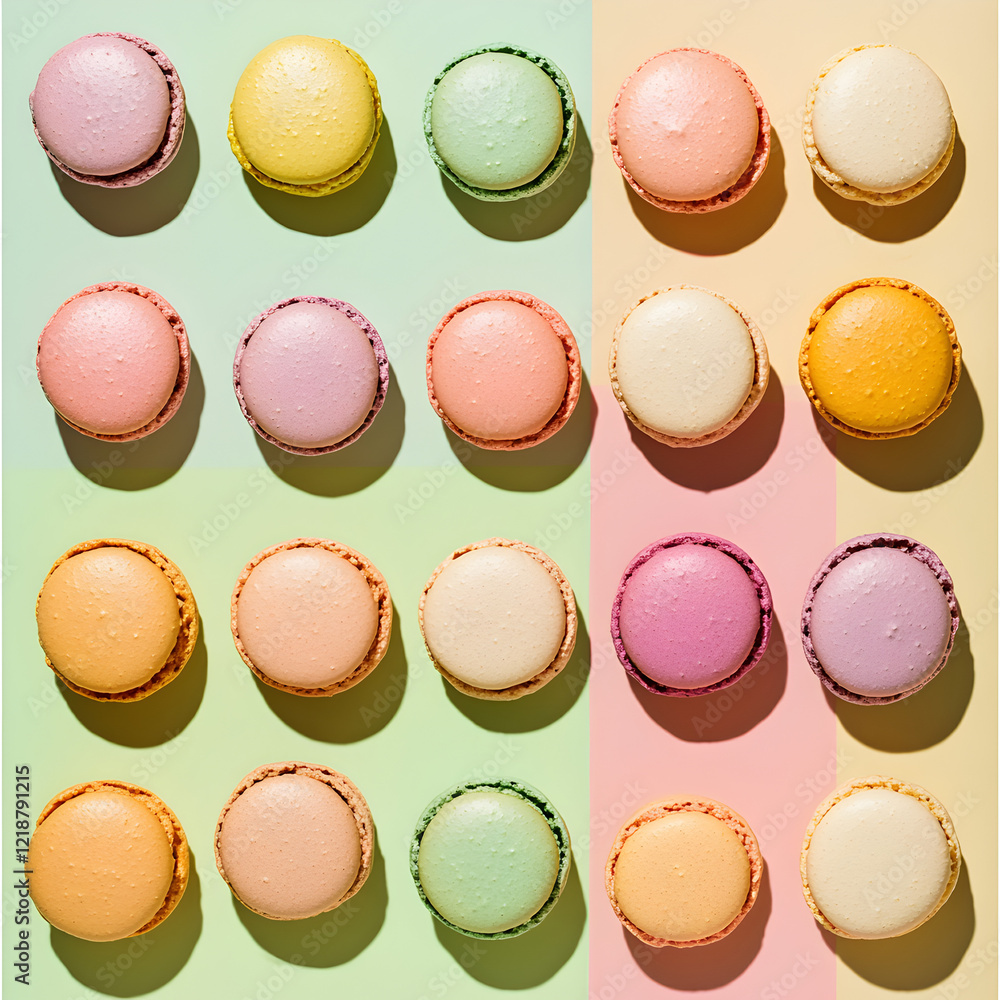 Fototapeta premium a flat lay of pastel colored macarons arranged on a split background of pastel colors.