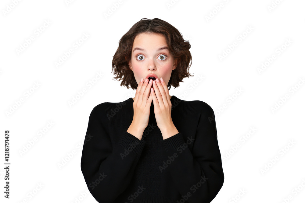 Surprised young woman covering her mouth with both hands, isolated on transparent background Surprised young woman covering her mouth with both hands, isolated on transparent background