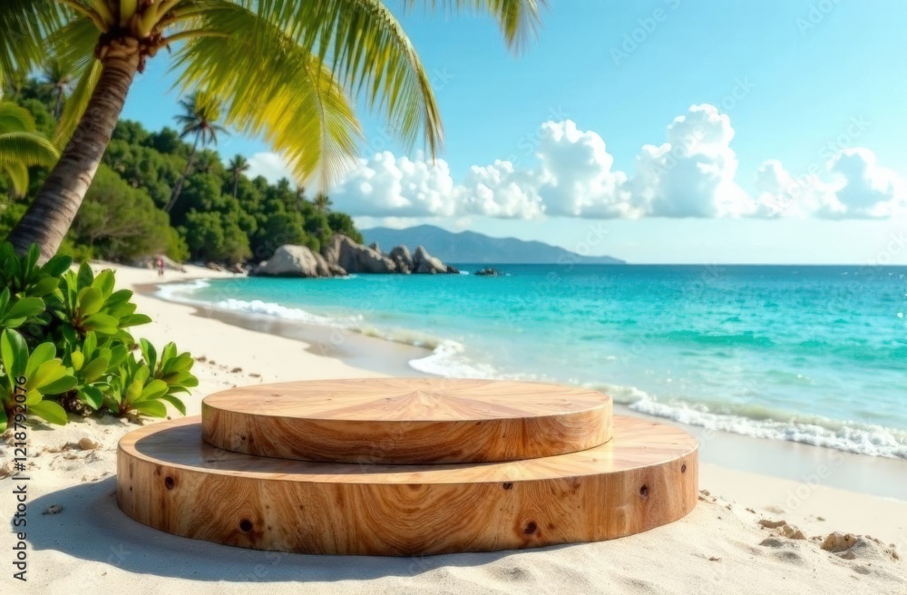 Fototapeta premium Wooden pedestal with free space for your decoration on tropical summer sand beach