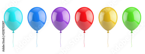 Set of colorful balloons in blue, purple, red, yellow, and green, isolated on transparent background