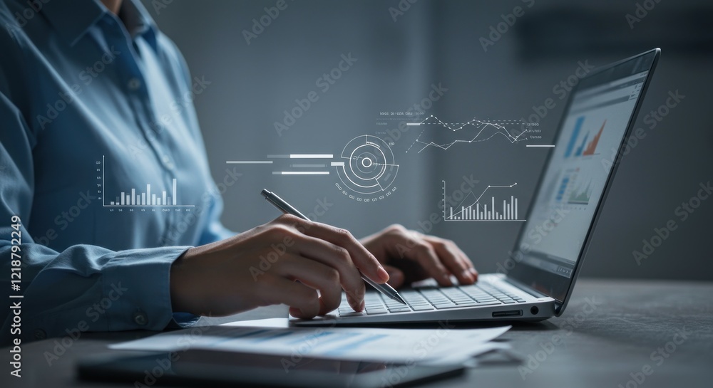 Fototapeta premium Data Analysis: Businesswoman working on laptop with graphs and charts