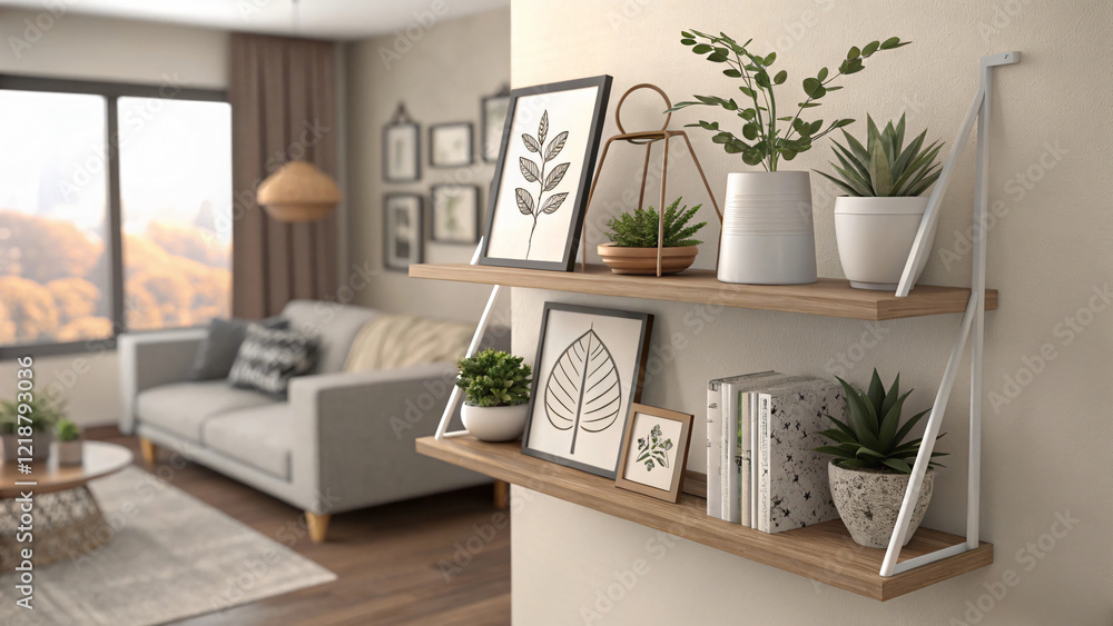 Fototapeta premium Modern Living Room Decor with Plants and Framed Artworks on Shelf