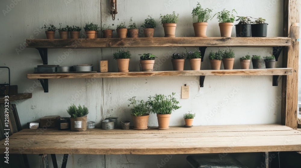 Rustic wooden shelves display various potted herbs and plants against a white wall. Rustic wooden shelves display various potted herbs and plants against a white wall.