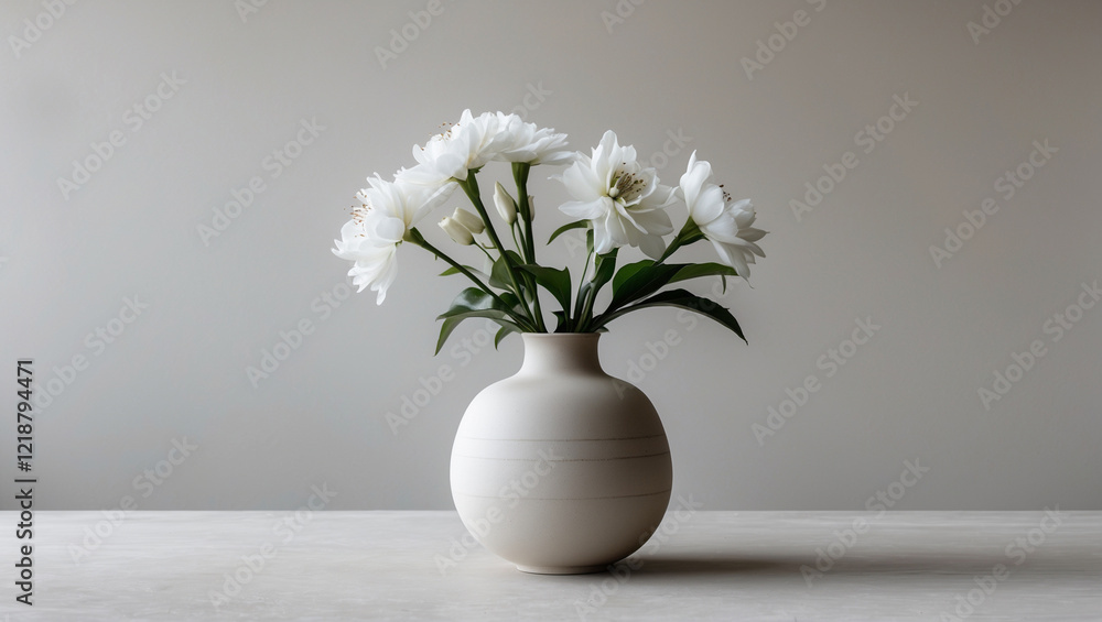 White Flowers in Minimalist Ceramic Vase, Simple Elegance White Flowers in Minimalist Ceramic Vase, Simple Elegance