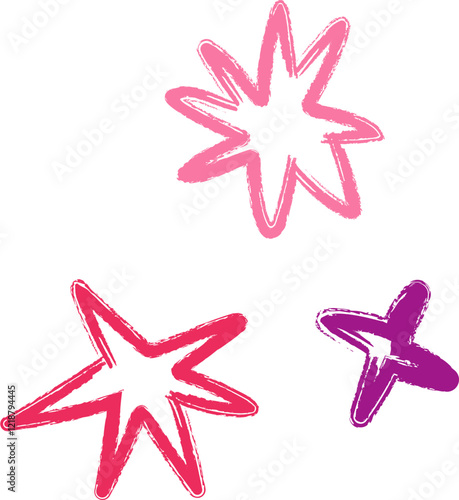 Colorful crayon drawn stars and comets. Doodle sparks and sparkles. Pencil or charcoal drawing. Crayon childish drawings