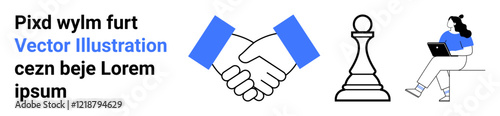 Business handshake, chess pawn for strategic moves, person working on laptop. Ideal for teamwork, strategy, remote work, collaboration, business success, productivity, modern work environments
