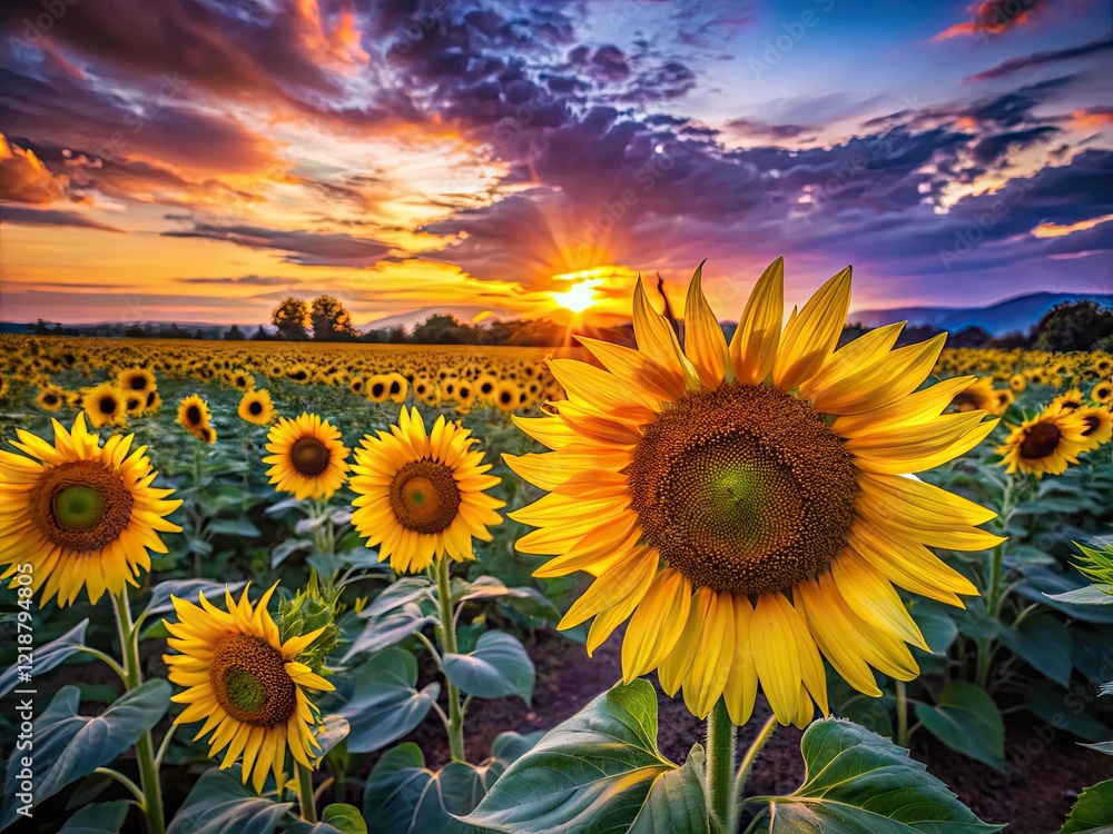 Fototapeta premium Enchanting sunflowers bathed in night's soft glow, a breathtaking natural backdrop.