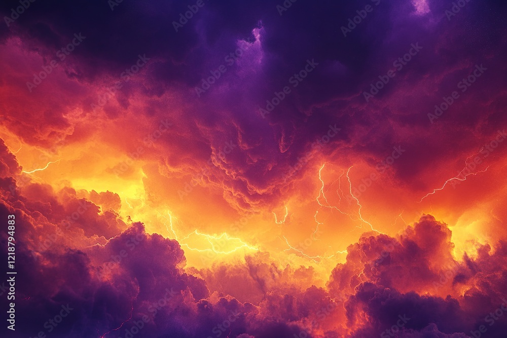 Fototapeta premium Fiery Storm Clouds with Lightning Bolts and Dramatic Colors in Nature
