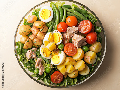 Fresh niçoise salad glass bowl tuna,cherry tomatoes,boiled eggs,green beans,lettuce,potatoes,beautifully arranged vibrant colors,healthy eating culinary presentation,whole,catering,appetite,sauce photo