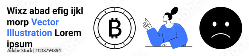 Bitcoin symbol inside a coin outline, person in blue pointing finger upward, sad face in black circle, and dummy text in blue and black fonts. Ideal for finance, cryptocurrency, emotions, web design