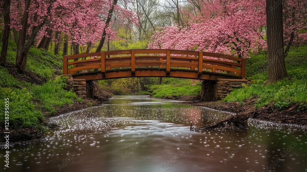 Obraz premium Small bridge over a stream with blossoming trees on both sides - generated AI