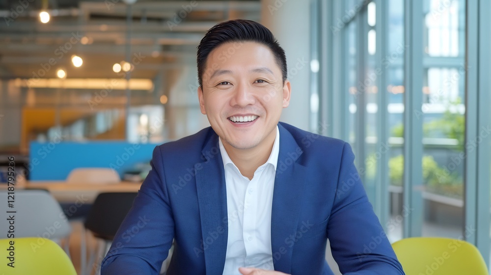 Professional man smiling in modern office setting with bright lighting Professional man smiling in modern office setting with bright lighting