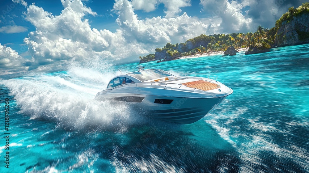 Fototapeta premium Motorboat speeding through a tropical ocean, crystal clear water, adventure and thrill 