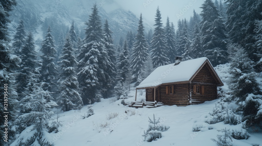 Snow-covered cabin in a pine forest during winter generated AI Snow-covered cabin in a pine forest during winter generated AI