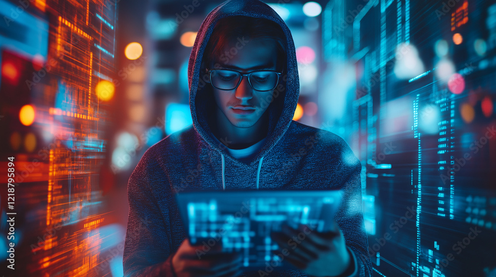 A young, successful software developer in a hoodie and glasses, holding a tablet, with a background of colorful digital graphics A young, successful software developer in a hoodie and glasses, holding a tablet, with a background of colorful digital graphics