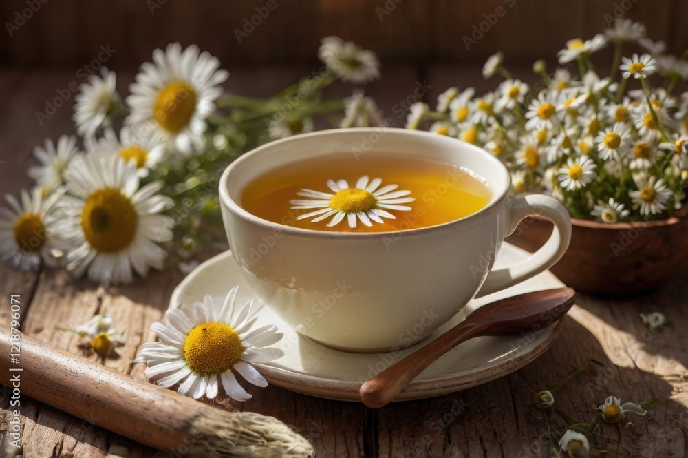 steaming cup of chamomile tea sits on a wooden table, bathed in warm sunlight. A small vase filled with chamomile flowers adds a touch of natural beauty. steaming cup of chamomile tea sits on a wooden table, bathed in warm sunlight. A small vase filled with chamomile flowers adds a touch of natural beauty.