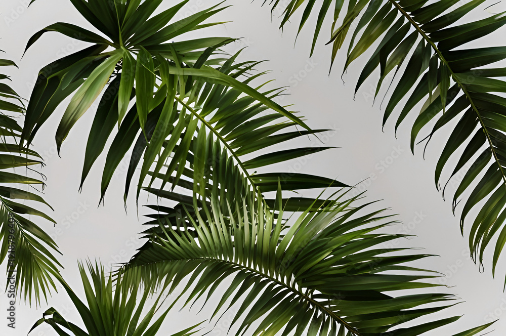 Fototapeta premium A close up of lush green palm fronds against a light background