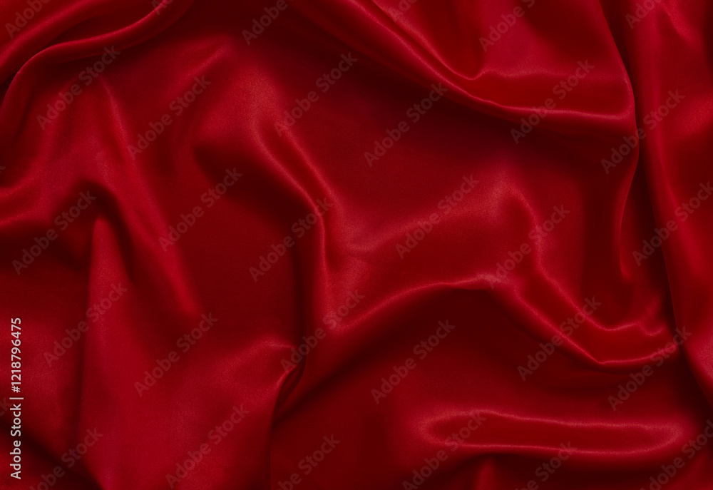 The top view of the red satin surface looks luxurious and beautiful. with sparkling waves Abstract background design copy space Card or banner (blurred or blurry)