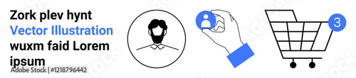 User profile, hand holding user icons, shopping cart with three items. Ideal for e-commerce, customer management, online shopping, user interface, digital business, product pages, user experience