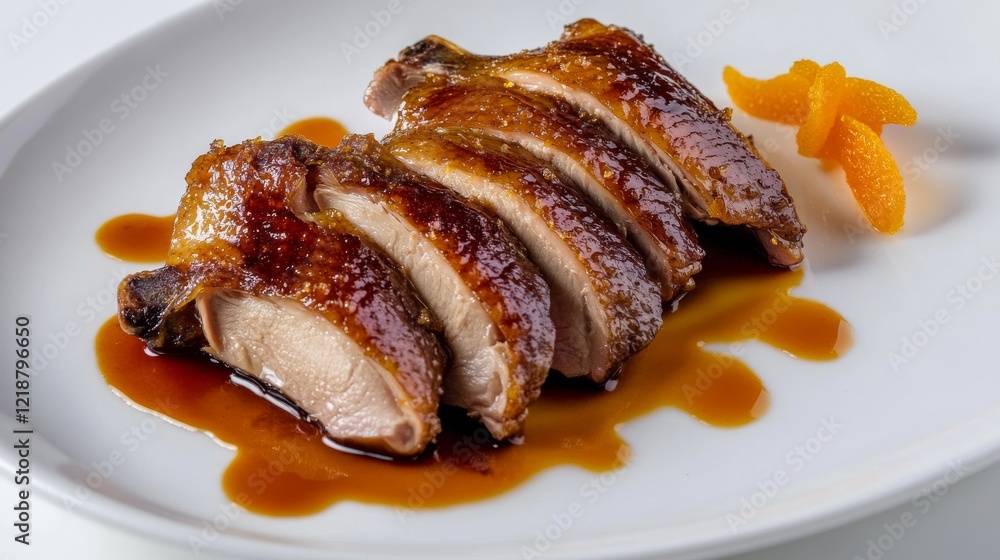 Sliced duck breast served on a white plate with citrus garnish and rich sauce Sliced duck breast served on a white plate with citrus garnish and rich sauce