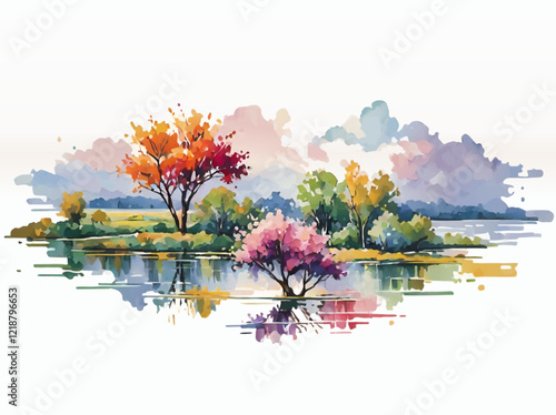 watercolor spring landscape with lake and blooming trees vector illustration with white upper area