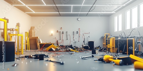 Messy workshop, tools scattered, daylight.  Industrial project failure