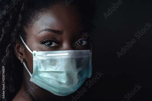 Close up portrait of a young black woman wearing a protective face mask, highlighting health and safety measures during a pandemic photo