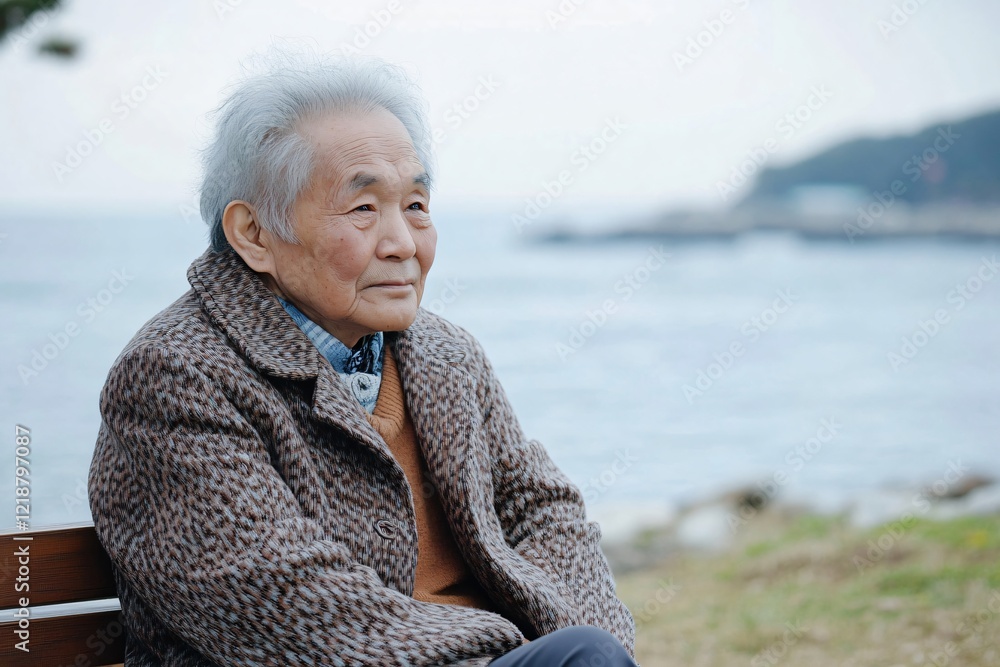 Fototapeta premium Senior asian man enjoying a peaceful moment while sitting on a bench by the sea, embracing the tranquility of nature