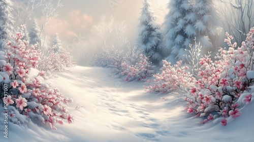 Snow-covered garden with frost on the flowers and trees generated AI