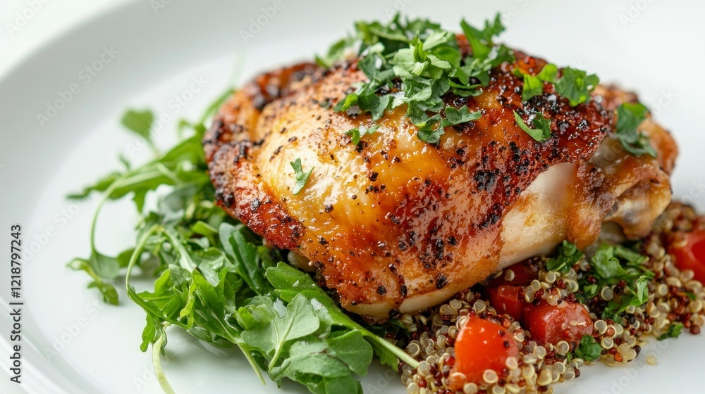 Crispy roasted chicken thigh with quinoa salad gourmet restaurant food photography elegant setting close-up view Crispy roasted chicken thigh with quinoa salad gourmet restaurant food photography elegant setting close-up view