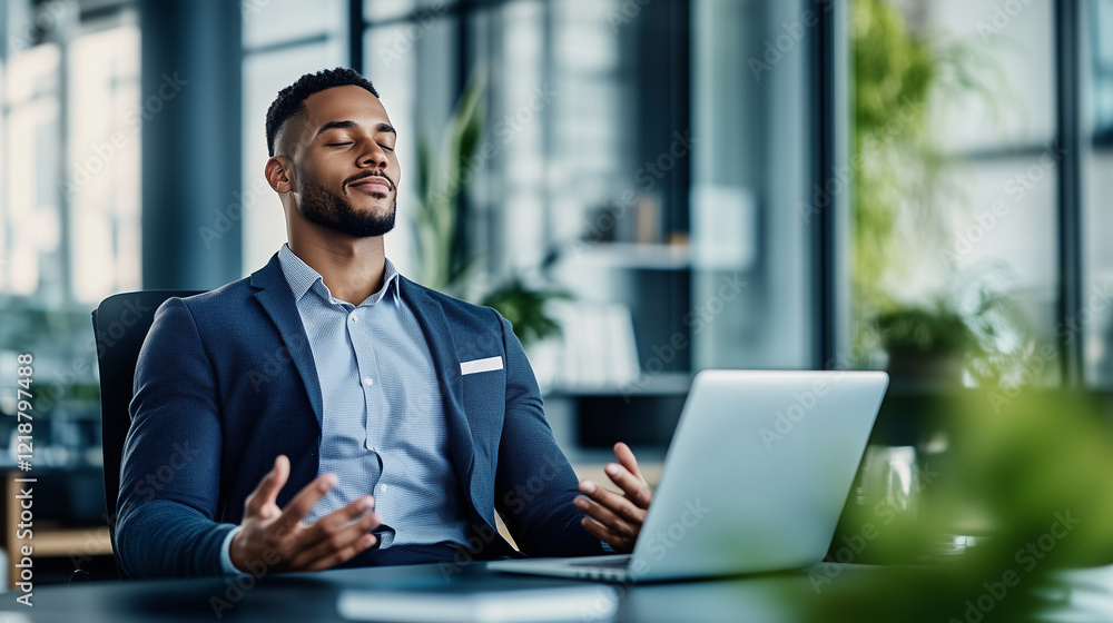 Focused Mixed-Race Businessman Meditating at Office Desk, Practicing Mindfulness with Yoga Hand Gesture, Calm and Relaxed, Stress Free Work-Life Balance, Mental Health and Inner Peace at Corporate Job Focused Mixed-Race Businessman Meditating at Office Desk, Practicing Mindfulness with Yoga Hand Gesture, Calm and Relaxed, Stress Free Work-Life Balance, Mental Health and Inner Peace at Corporate Job