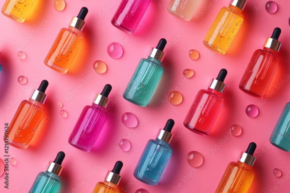 Vivid arrangement of colorful skincare serums on a pink background with water droplets Vivid arrangement of colorful skincare serums on a pink background with water droplets