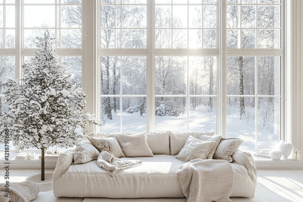 Cozy Winter Scene: Relaxing on a Plush Sofa by a Snowy Window, Enjoying Peaceful Winter Day's Tranquility Cozy Winter Scene: Relaxing on a Plush Sofa by a Snowy Window, Enjoying Peaceful Winter Day's Tranquility