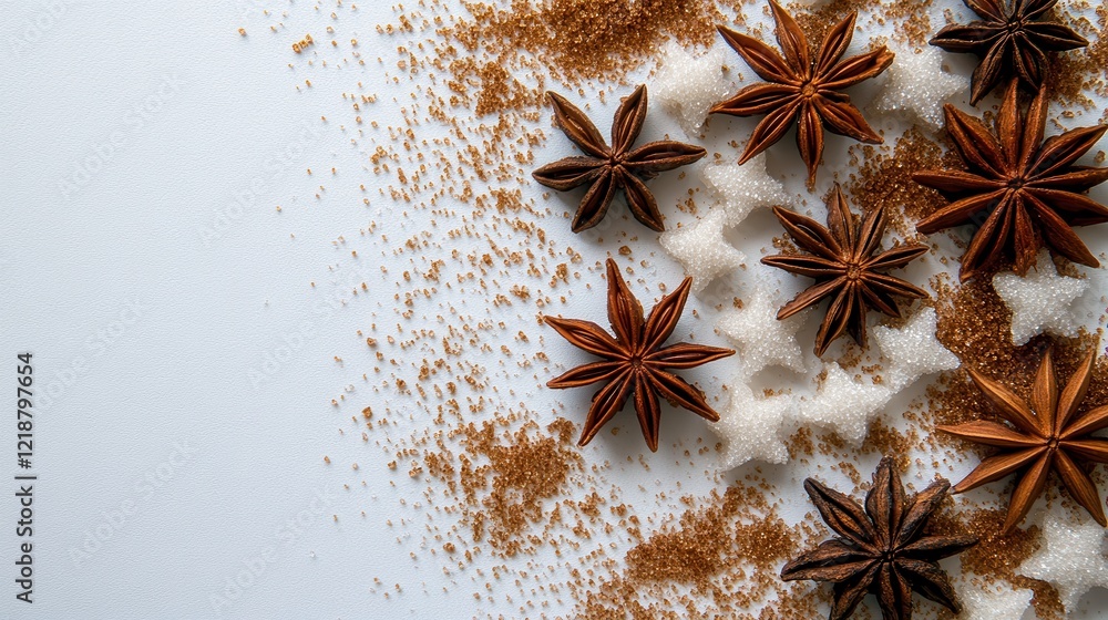 Star anise pods scattered on white background with brown sugar and granulated sugar, creating a warm and inviting culinary composition perfect for seasonal recipes Star anise pods scattered on white background with brown sugar and granulated sugar, creating a warm and inviting culinary composition perfect for seasonal recipes