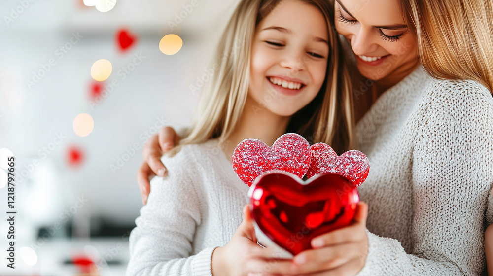 Smiling Mother and Daughter Sharing a Hug and Holding Red Hearts, Celebrating Love, Family on Valentine’s Day, Heartwarming Moment of Happiness and Togetherness. Smiling Mother and Daughter Sharing a Hug and Holding Red Hearts, Celebrating Love, Family on Valentine’s Day, Heartwarming Moment of Happiness and Togetherness.