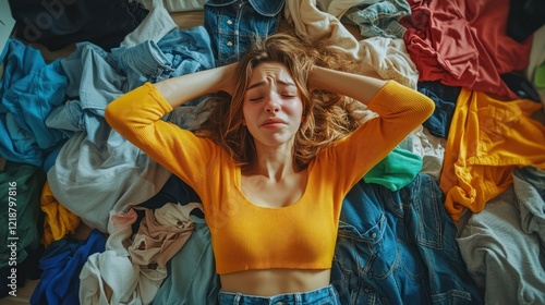 Stressed woman amidst clothes pile, home, overwhelmed photo