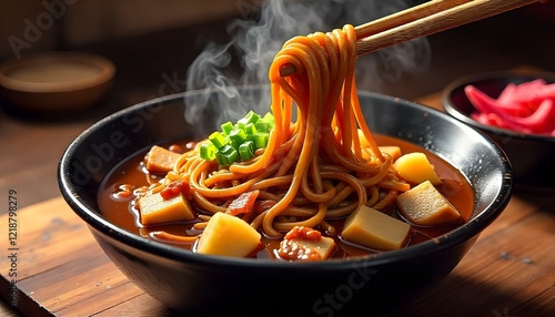 Steaming bowl of jajangmyeon with black bean sauce and crispy diced pork photo