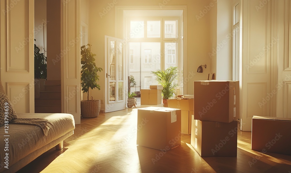 Fototapeta premium Sunlight Streams into New Home Filled with Moving Boxes, signifying a Fresh Start and Exciting New Beginnings.