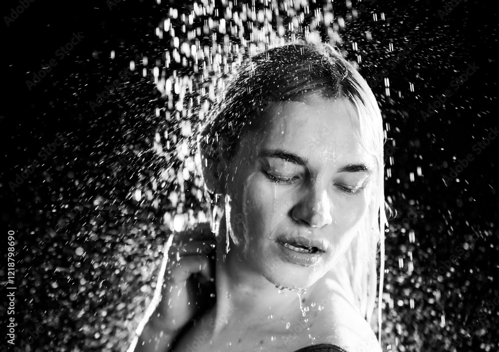 Fototapeta premium Playful Moments Under a Water Stream: A Portrait of a Young Woman Capturing Emotions and Mood