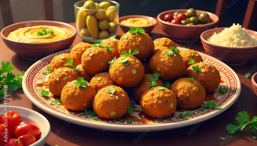 Family style kibbeh balls served on a large festive platter, perfect for sharing Family style kibbeh balls served on a large festive platter, perfect for sharing