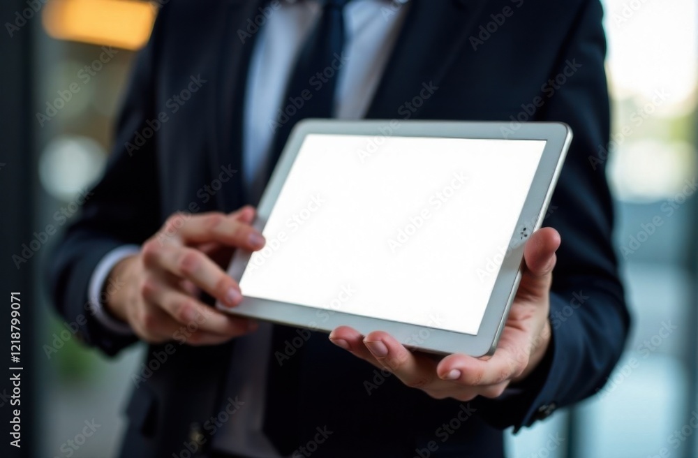a tablet with a white screen in the hands of a businessman in a suit in close-up with a place for text , a mockup a tablet with a white screen in the hands of a businessman in a suit in close-up with a place for text , a mockup