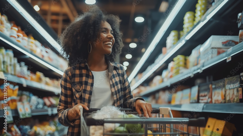 Fototapeta premium In a welllit supermarket aisle, a joyful young woman with curly hair happily pushes a cart filled with groceries, smiling as she selects products, embodying the delight of a satisfied customer