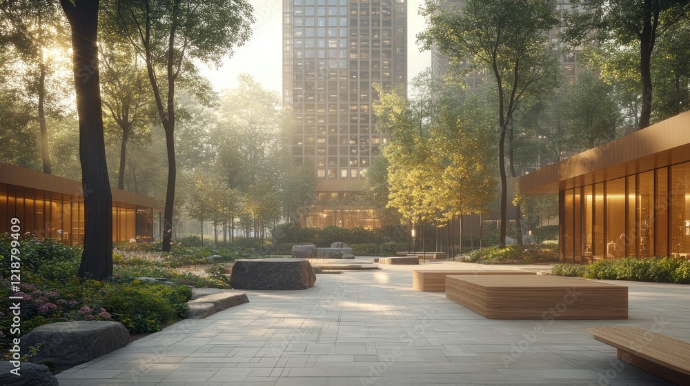 Urban park, morning sun, modern architecture, city views Urban park, morning sun, modern architecture, city views
