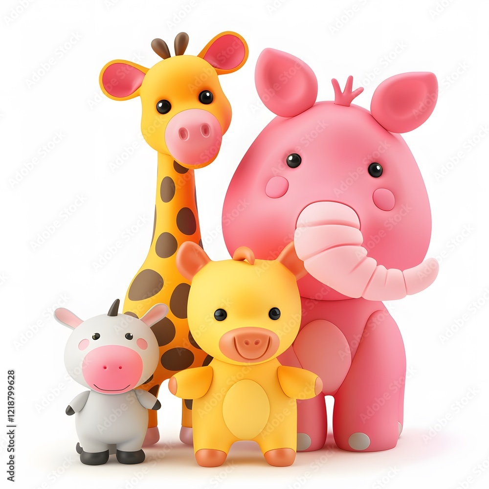 Naklejka premium Cute Cartoon Animals with Giraffe, Pig, Cow and Elephant Friends