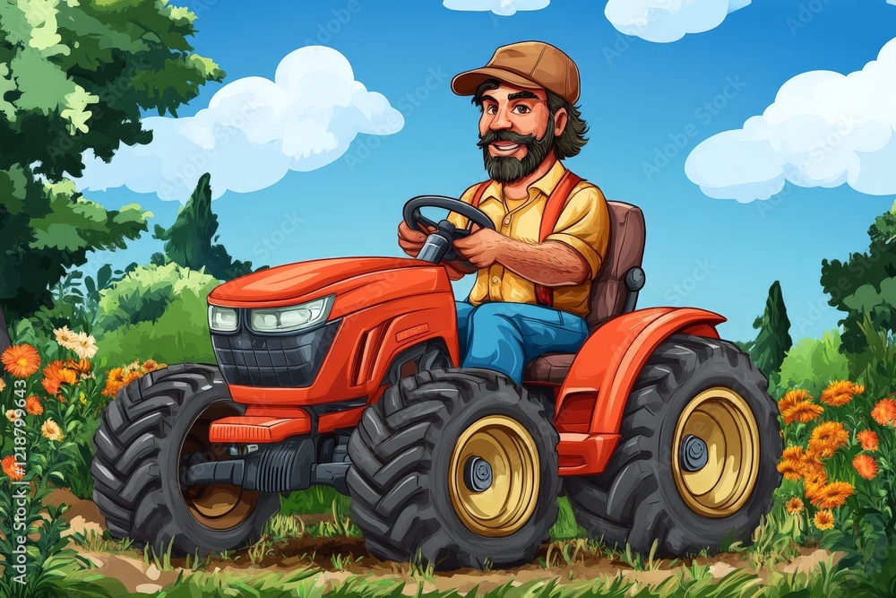 Obraz premium Farmer driving a red tractor through a vibrant field of flowers on a sunny day