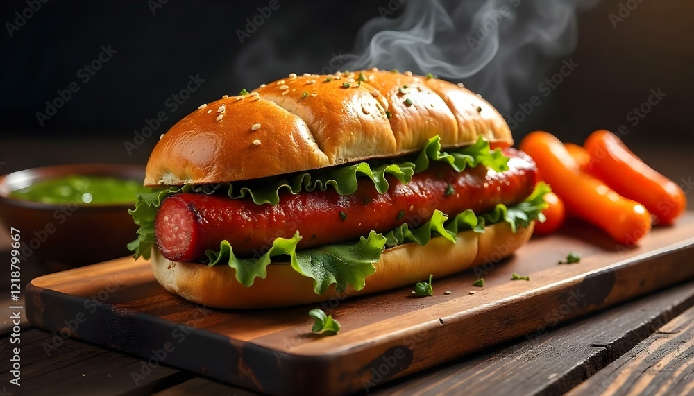A close up of a traditional choripán sandwich with a golden, crusty roll and savory filling A close up of a traditional choripán sandwich with a golden, crusty roll and savory filling