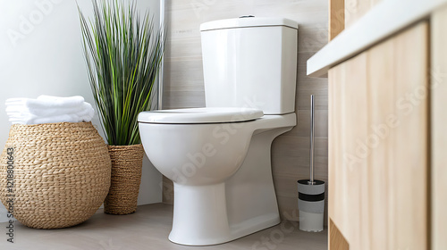 Small modern toilet, shower in mobile home. Compact, convenient bathroom amenities for travel camping. Light, bright interior design. New equipment, furniture. Interior space organized for comfort. photo