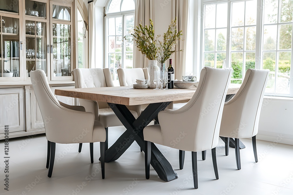 Elegant Dining Room with Wooden Table and Cream Chairs Elegant Dining Room with Wooden Table and Cream Chairs