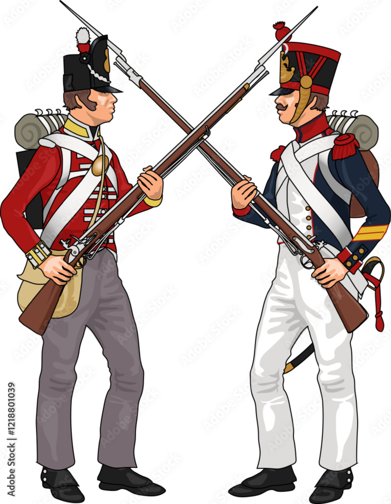 French and British Soldiers from Napoleonic Wars Clashing Each Others Weapons, Illustration Isolated on White Transparent, EPS 10 Vector French and British Soldiers from Napoleonic Wars Clashing Each Others Weapons, Illustration Isolated on White Transparent, EPS 10 Vector